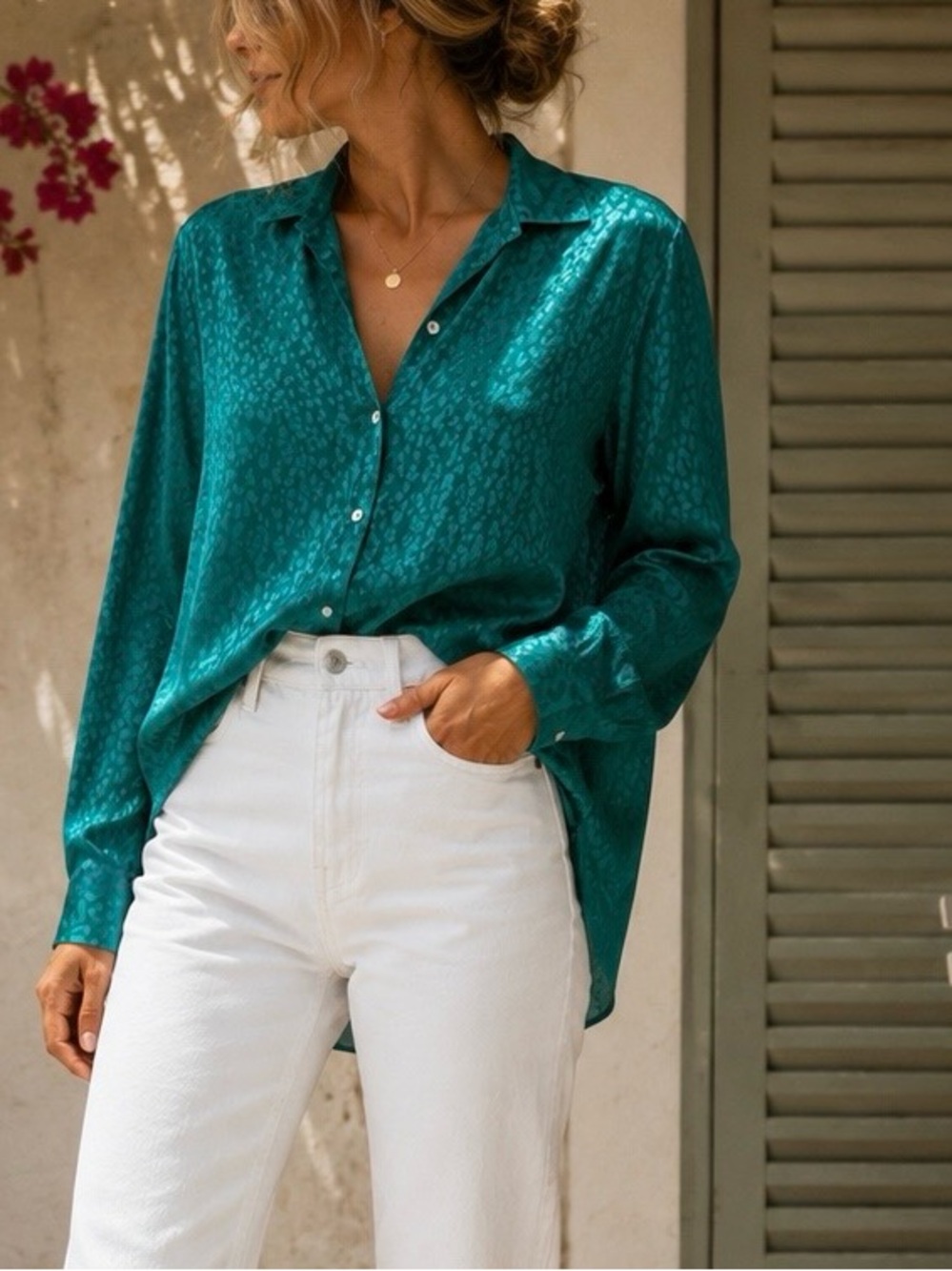 Margareta Genuine Vintage Canadian Pure Silk Jacquard Blouse–Emerald / Size -LG